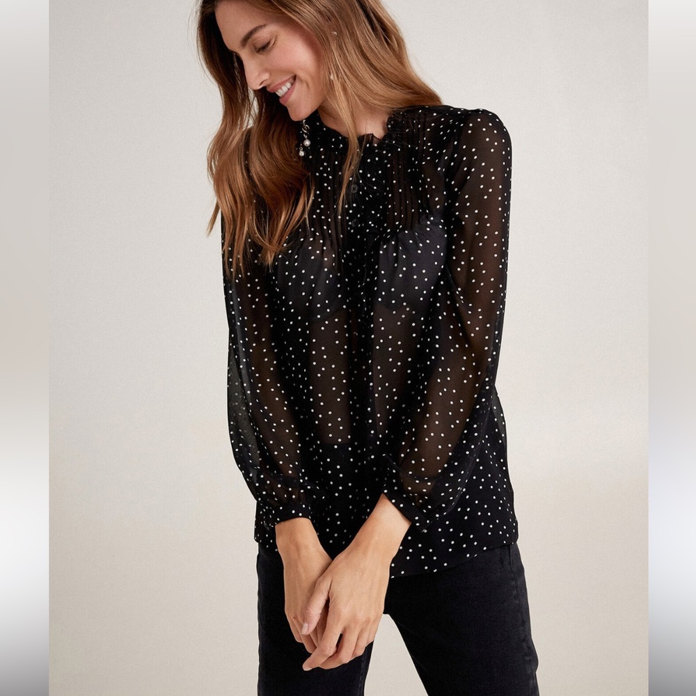 H&M Sheer Polka Dot Dress Shirt 6 Button Down Top Womens Chiffon Collarless